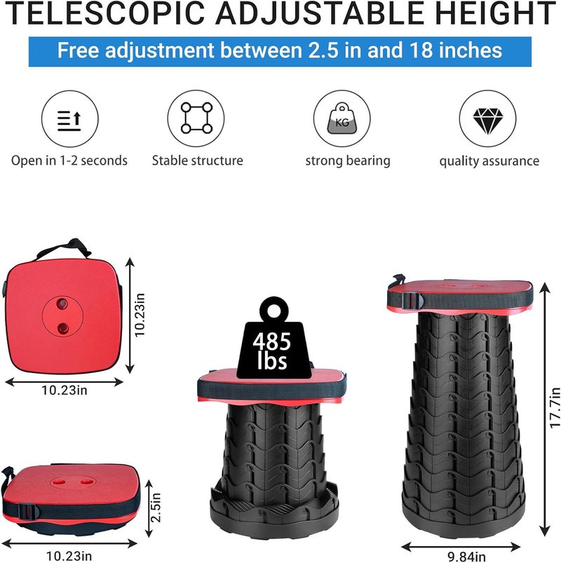 ZTMT Upgraded Square Folding Stool, Max Load Capacity 485lbs, Portable Collapsible Seat, Telescoping Foldable Stool for Camping,Fishing,Hiking,Travel, Red - Image 2
